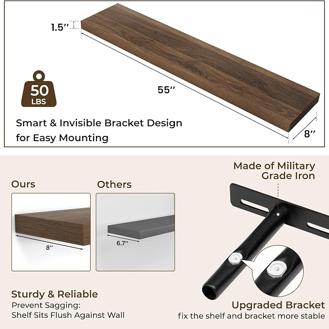 RICHFOCUS 55Inch Floating Shelves for Wall 2 Pack Shelves for Bedroom|Kitchen|Bathroom Wall Mounted Rustic Wood Floating Shelf with Invisible Brackets for Books|Storage|Decor, Walnut