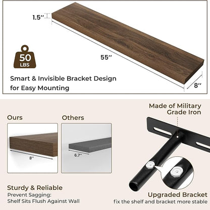 RICHFOCUS 55Inch Floating Shelves for Wall 2 Pack Shelves for Bedroom|Kitchen|Bathroom Wall Mounted Rustic Wood Floating Shelf with Invisible Brackets for Books|Storage|Decor, Walnut