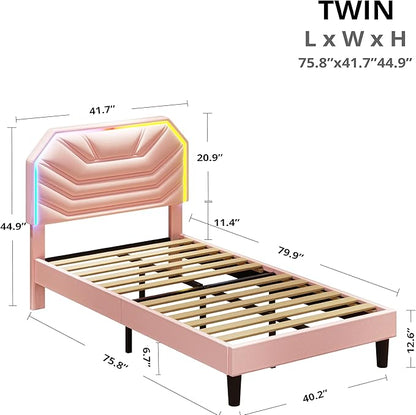 LIKIMIO Twin Bed Frames with LED Light Headboard, Upholstered Modern Cama Twin Platform Bed Frame with Heavy Duty Supports, No Box Spring Need, Noise Free, Easy Assembly, Princess Pink