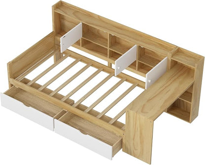 Bellemave Twin Corner Bed Frame, Twin Size Corner Beds with Storage Cabinets and Desk, Wood Daybed with Bookcase and Drawers, Natural+White