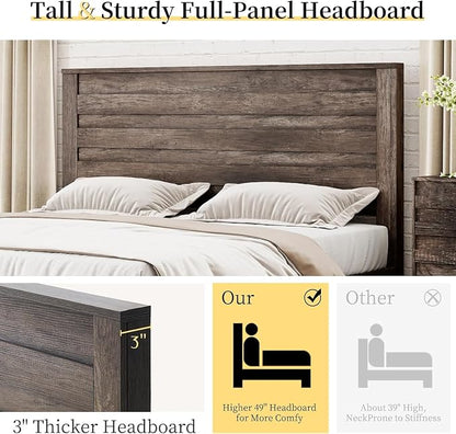 LUXOAK 2 Pcs Bedroom Furniture Sets - Includes 1 X Farmhouse 6 Drawers Dresser, 1X Farmhouse Queen Size Bed Frame with 49" Tall Headboard, Wooden Platform Bed with Hidden Metal Bed Frame, Rustic Grey