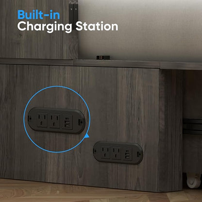 PUREMIND Queen Murphy Bed, Murphy Cabinet Bed with Storage Drawer, USB Charging Station and Bedside Panel, Space Saving Murphys Chest Beds Wallbed for Guest Room, No Mattress