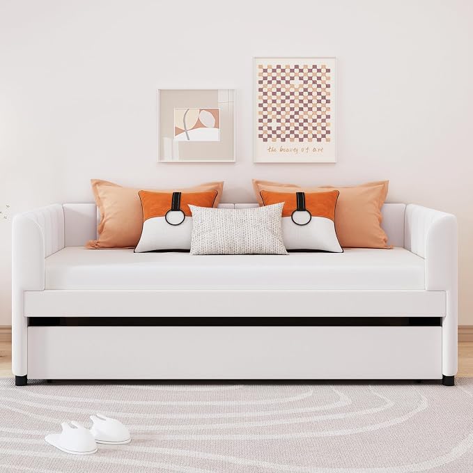 Merax Twin Daybed with Trundle, Upholstered Wooden Sofa Bed Frame with Simple Line Design, Beige