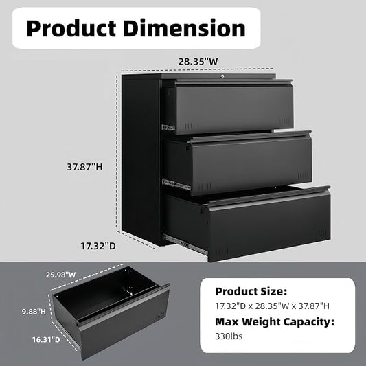 Approgreent Lateral 3 Drawer File Cabient with Lock, Metal Filing Cabinets for Home Office, Heavty Duty Office Storage Cabinet for A4/Letter/Legal (Matte Black)