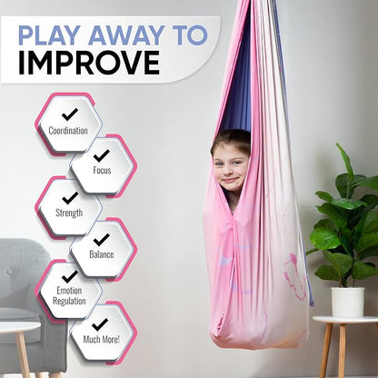 Indoor Sensory Swing for Kids or Outdoor – Holds 300lbs, Double-Layer, & 360° Swivel, Calming Compression Therapy Swing Hammock for Kids & Adults with All Hardware – Sensory-Motor Toys & Gifts