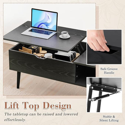 OLIXIS Wood Coffee Table Lift Top Coffee Tables for Living Room Office, Small Rising Wooden Center Tables with Large Storage Shelf and Hidden Compartment, Black