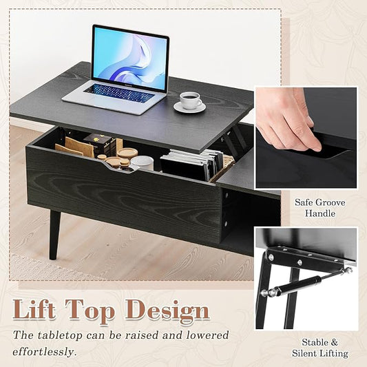OLIXIS Wood Coffee Table Lift Top Coffee Tables for Living Room Office, Small Rising Wooden Center Tables with Large Storage Shelf and Hidden Compartment, Black