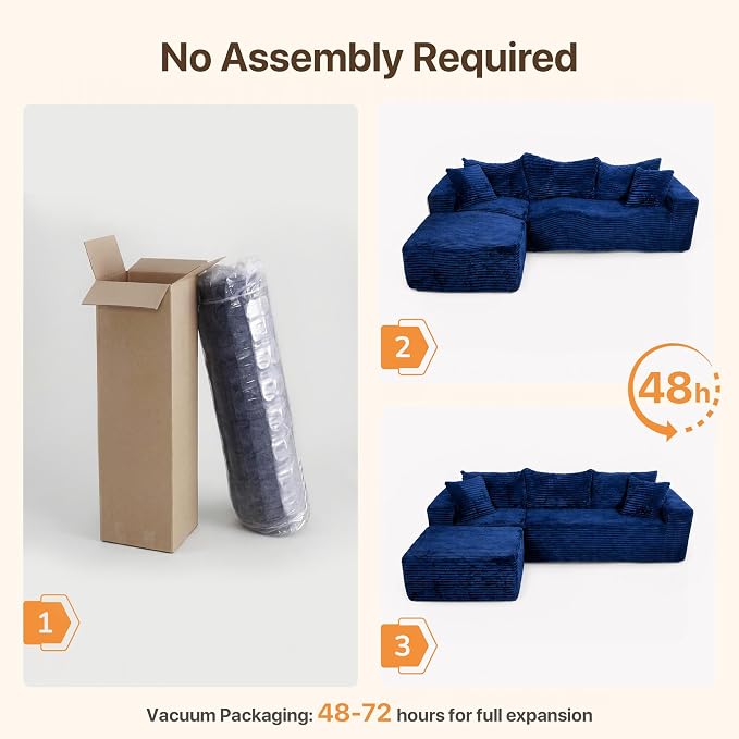 Claiks 94" Boneless Couch, Cloud Couch Sectional, L-Shape Corduroy Modular Sectional Sofa Deep Seat, Upholstered Couches for Living Room, No Assembly Required, Blue