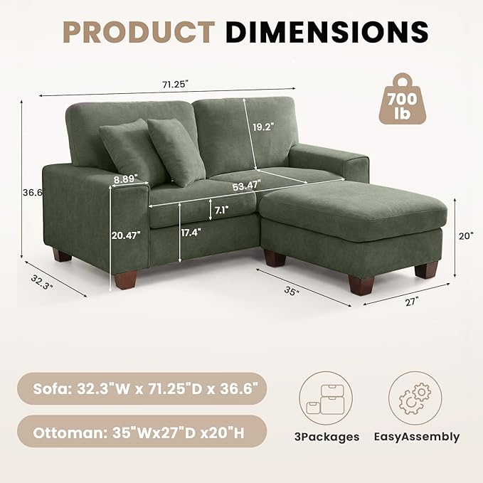 DOPEDIO L-Shaped Sectional Sofa with Storage Ottoman, Modern Chenille Recliner Loveseat, Removable Couch Covers, Pocket Spring Cushions, Solid Wood Frame, Easy to Install (71.25inch, Green)