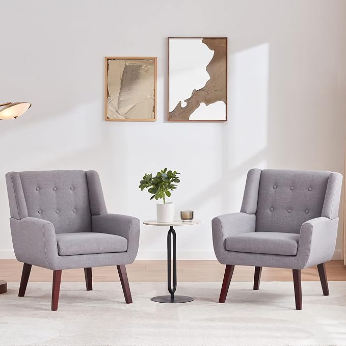 HUIMO Button-Tufted Accent Chairs Set of 2,Upholstered Reading Living Room Chair,Mid Century Modern Chair with Linen Fabric, Club Chair,Comfy Arm Chairs for Living Room,Bedroom,Light Grey