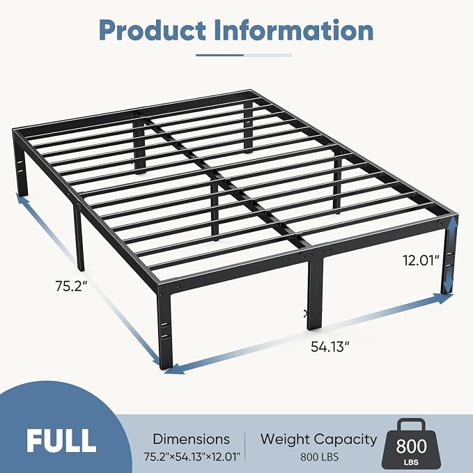 DUMOS Full Size 12 Inch Bed Frame - Metal Platform Bed Frame Mattress Foundation with Steel Slat Support, No Box Spring Needed, Storage Space Under Base, Easy Assembly, Black