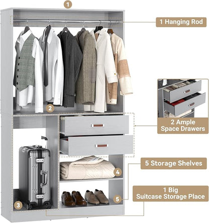 Armocity Closet System with Suitcase Storage, 40 Inches Stand-alone Wardrobe with 2 Wood Drawers, 80'' Height Adjustable Cloth Garment Rack, Walk-in Closet with Hanging Rod, Grey