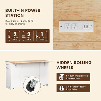 Dripex 53'' Rolling Kitchen Island with Power Outlet, Drop Leaf & Trash Can Storage, Large Island Cart on Wheels with Rubberwood Top, 4 Drawers, Open Shelves, for Kitchen, Dining Room (White)