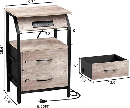 SZLHANJZ Storage End Table, Charging Nightstand with 2 Drawers, Small Fabric Night Stand for Bedside, Wood and Metal Side Table for Living Room, Dorm, Grey Oak