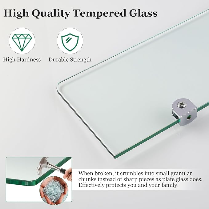 SAYAYO Glass Floating Shelves for Wall, Tempered Glass Shelves for Bathroom, Living Room, Bedroom, Office, Toilet, Kitchen Decor, 12 Inch Set of 2, Clear