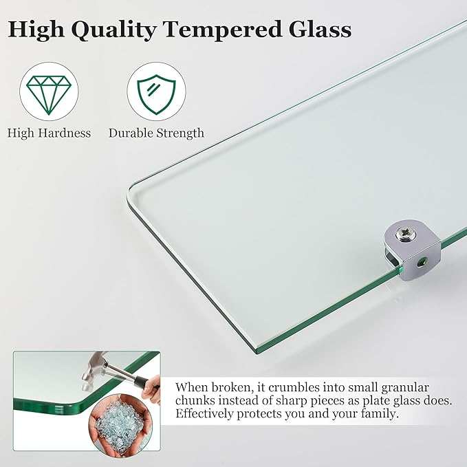 SAYAYO Glass Floating Shelves for Wall, Tempered Glass Shelves for Bathroom, Living Room, Bedroom, Office, Toilet, Kitchen Decor, 12Inch Set of 3, Clear