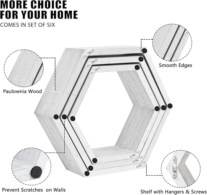 Hexagon Floating Shelves Set of 6, Wall Mounted Wood, Grey | Honeycomb Shelves, Wood Farmhouse Storage, for Wall Decor, Hanging Shelves, for Bedroom Living Room Nursery, Free Combination