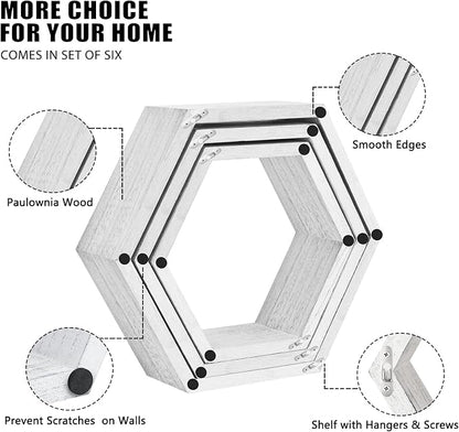 Hexagon Floating Shelves Set of 6, Wall Mounted Wood, Grey | Honeycomb Shelves, Wood Farmhouse Storage, for Wall Decor, Hanging Shelves, for Bedroom Living Room Nursery, Free Combination