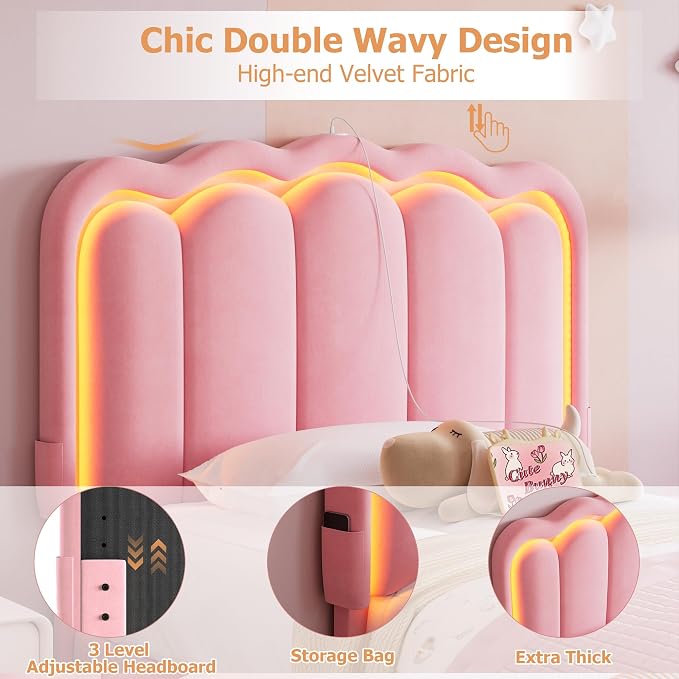 Twin Upholstered LED Bed Frame with Storage Drawer and Adjustable Chic Double Wavy Headboard, Velvet Princess Platform Bed for Girls/Kids, Solid Wood Slats Support, No Box Spring Needed, Pink