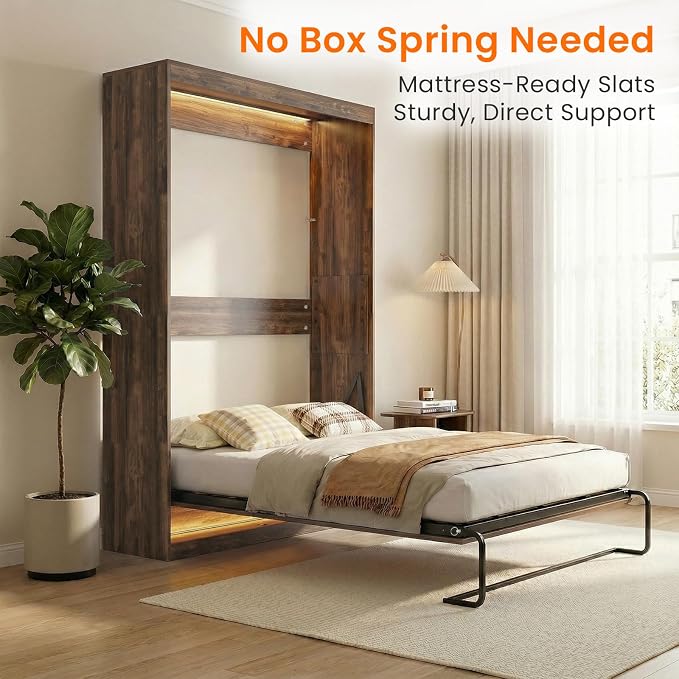 CECER Full Vertical Murphy Wall Bed，Space Saving for Offices/Guest-Brown | Durable Gas-Lift for smooth folding，16 Color Controllable LED Lights，Sturdy frame ＆ Easy Assemble
