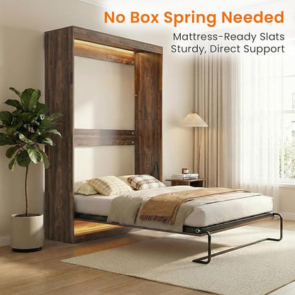 CECER Full Vertical Murphy Wall Bed，Space Saving for Offices/Guest-Brown | Durable Gas-Lift for smooth folding，16 Color Controllable LED Lights，Sturdy frame ＆ Easy Assemble