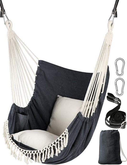 Chihee Hammock Chair Hanging Swing 2 Pillows Included,Strong Webbing Straps and Hooks for Easy Hanging Soft Cotton Hanging Chair Side Pocket Tassel Chair Comfort Indoor Outdoor Dark Grey