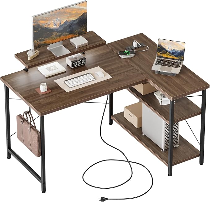 Mericonia Small L Shaped Computer Desk with Power Outlets, Reversible Gaming Desk with Storage Shelves & Monitor Stand, Corner Gamer Desk Table, Study Writing Table