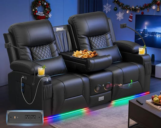 Power Loveseat Recliner Sofa, Electric Reclining Loveseat Couch with Console, Home Theater Seating with Bluetooth Speaker & LED Light, Zero Wall Hugger RV Sofa Furniture with Built-in Outlet & Storage