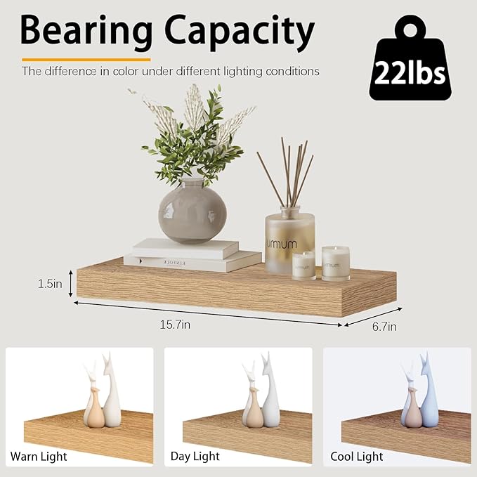 Oak Floating Shelves Wood for Wall 15.7in Wall Mounted Display Ledge Shelves Perfect for Bedroom, Bathroom, Living Room and Kitchen Decoration Storage (Set of 2)