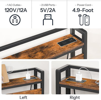 HOOBRO Headboard Full Size, Headboard with 2 Outlets and 4 USB Ports, Adjustable Height, Storage Rack, Sturdy and Stable, Easy Assembly, Rustic Brown and Black