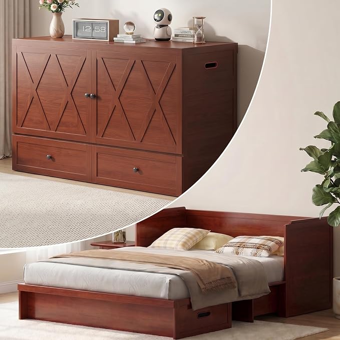 CECER Murphy Bed Queen with Mattress Included for Guest/Small Space-Maroon | Built-in Multi-Port Charging Station ＆ Large Storage Drawer，Space Saving ＆ Easy Assemble and Conversion