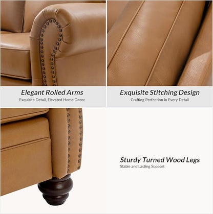 60" Wide Genuine Leather Chesterfield Loveseat, 2 Seat Leather Sofa with Rolled Arms, Nailhead Trim for Living Room Furniture, Easy Assembly – Camel