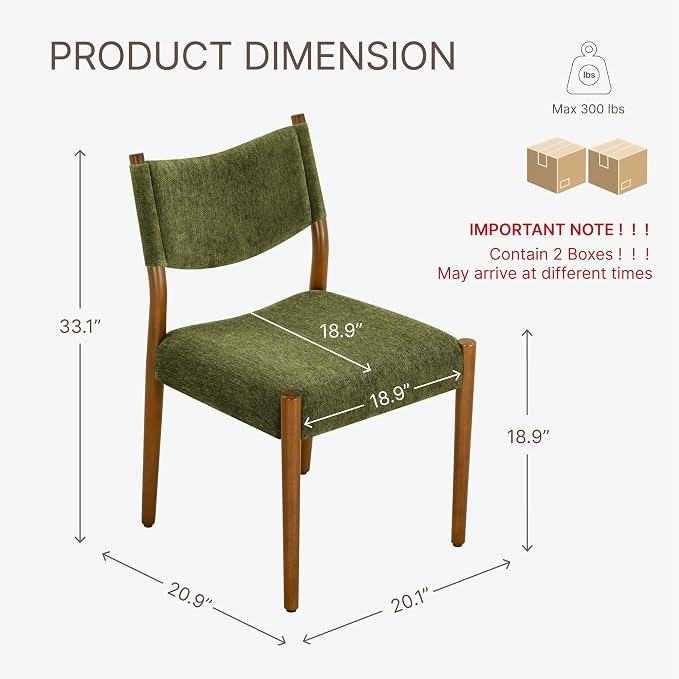 KISLOT Upholstered Dining Chairs Set of 4, Solid Wood Armless Kitchen Chairs with Soft Polyester Fabric, 18.9" Seat Height, Modern Dining Room Seating, 300 lbs Capacity, Green