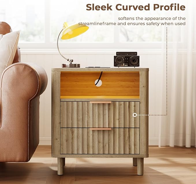 Fluted Nightstand with Charging Station, 2 Drawers Storage Bedside Table, Solid Wood Modern Nightstand with Open Shelf, Curved Profile Design, End Table for Indoor Room Bedroom Office, Oak