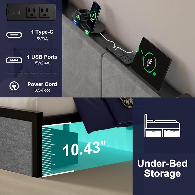 J.Fkne Queen Bed Frame with Charging Station and LED Lights, Metal Platform Bed with 2 Storage Drawers, Upholstered Headboard, Noise Free, No Box Spring Needed, Easy Assembly