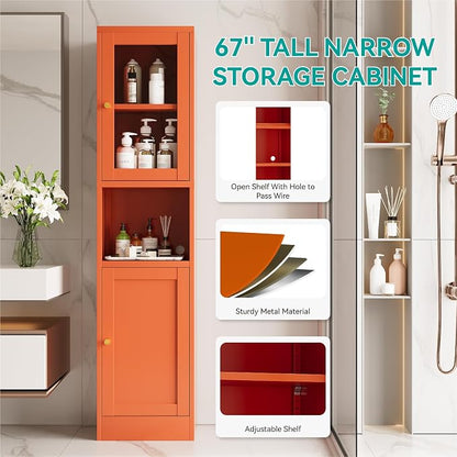 67" Tall Metal Narrow Storage Cabinet with Glass Door and Open Shelf, Shaker Style Slim Cabinet with Adjustable Shelves for Kitchen Bathroom Living Room Laundry Small Spaces, Orange, 1Pc