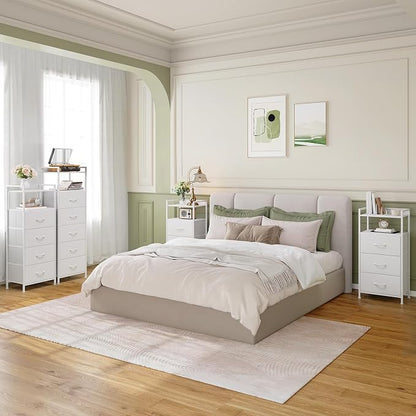 Somdot Tall Dresser for Bedroom, 5 Drawers Nightstand Vertical Storage Tower Unit, Night Stand Furniture with Fabric Drawer Organizer in Bedside Hallway, Entryway, Kids Room, Closet, White Leather