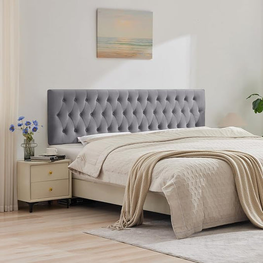 Tufted Upholstered Queen Size Bed Headboard in Modern Button Design, Adjustable Solid Wood Head Board, Premium Velvet Fabric Padded Headboards in Bedroom (Gray, Queen)