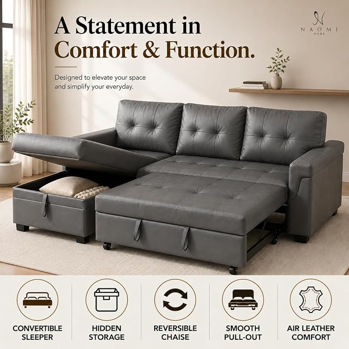 Naomi Home 84" L-Shaped Sectional Sleeper Sofa with Pull Out Bed | Sleeps Guests Comfortably, Stores Essentials in Chaise & Saves Space, Air Leather, Dark Gray Convertible Sofa Bed