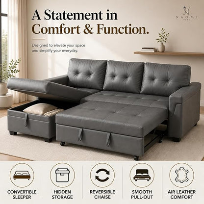Naomi Home 84" L-Shaped Sectional Sleeper Sofa with Pull Out Bed | Sleeps Guests Comfortably, Stores Essentials in Chaise & Saves Space, Air Leather, Dark Gray Convertible Sofa Bed