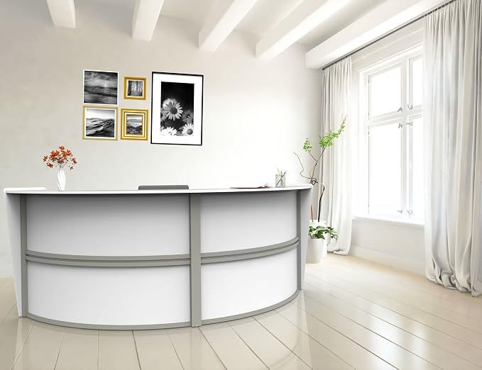 Linea Italia Curved Modern Office Desk Easy to Assembly 2 Panel Reception Counter for Lobby, Salon, 124" x 49", White