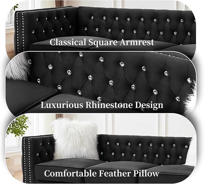 83" Chesterfield Sofa, Velvet Mid-Century Modern Upholstered Couch with 2 Throw Pillows and Acrylic Legs, Nailhead Button Tufted Vintage Sofa for Living Room, Apartment, Office, Black