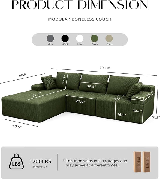 Lifelink 108" Boneless Couch L-Shaped - Modular Sectional Couches for Living Room Cloud Sofa with Deep Seat High Back Oversized Left Facing Chaise No Assembly Required