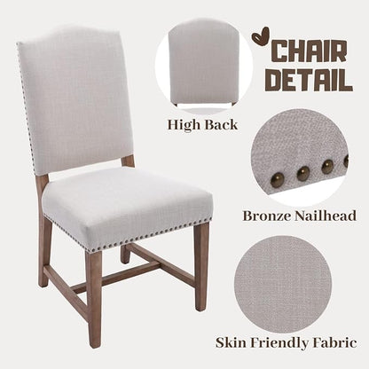 ROCITY Linen Dining Chairs Set of 2 Beige Upholstered Dining Room Chairs Farmhouse Kitchen Side Chairs with Wooden Legs&Nailhead Trim