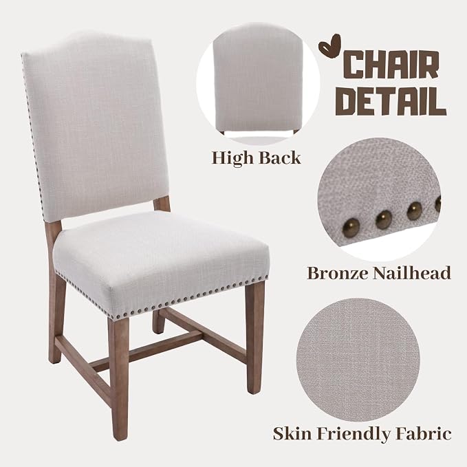 ROCITY Linen Dining Chairs Set of 6 Beige Upholstered Dining Room Chairs Farmhouse Kitchen Side Chairs with Wooden Legs&Nailhead Trim