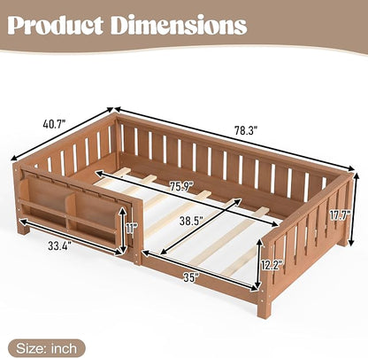 Bellemave Twin Floor Bed with Rails and Slats, Twin Size Montessori Floor Bed with Bookshelf and Fence, Easy Assemble Montessori Beds Frame for Girls, Boys, Natural