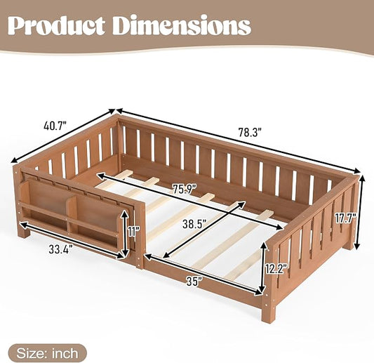 Bellemave Twin Size Floor Bed with high Rails and with Built-in Bookshelf for Kids, Wood Montessori Floor Bed Without Door, Natural