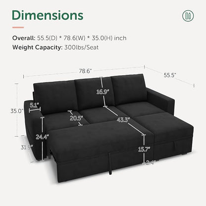HONBAY Modular Sectional Sleeper Sofa with Pull Out Bed, L Shaped Couch with Storage Seat, Modular Sectional Couches for Living Room - Black