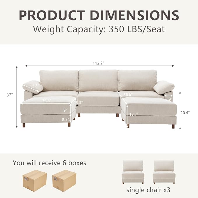 Oversized Modular Cloud Couch with Removable Washable Cover, U -Shaped Sectional for Large Living Room, Plush Chenille & Deep Seat（Beige）