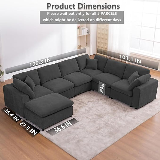 Oversized Modular Sectional Sofa Couch for Living Room, Dark Gray | Large 7 Seater Corner Sofa | Modern U Shaped Sectional | with Ottoman | Spacious Space | Comfy Chenille | for Large Families
